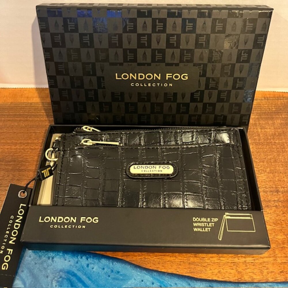 London Fog Black Danica Croco Wristlet Double Pouch NWT